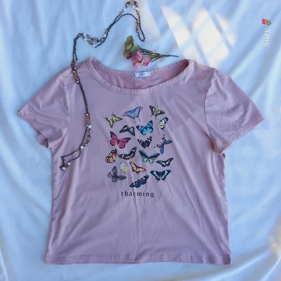 ARDENE "Charming" Pink Butterfly Graphic Tee - Picture 3 of 3